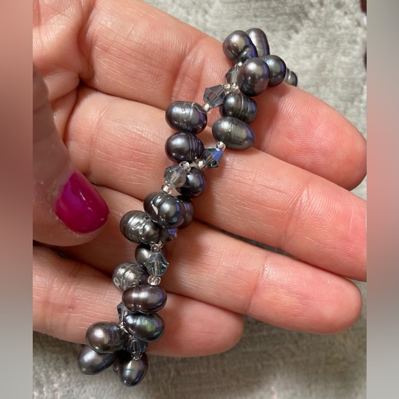 Black FWC pearls and beads stretch bracelet 2 strands intertwined handmade - Picture 4 of 4